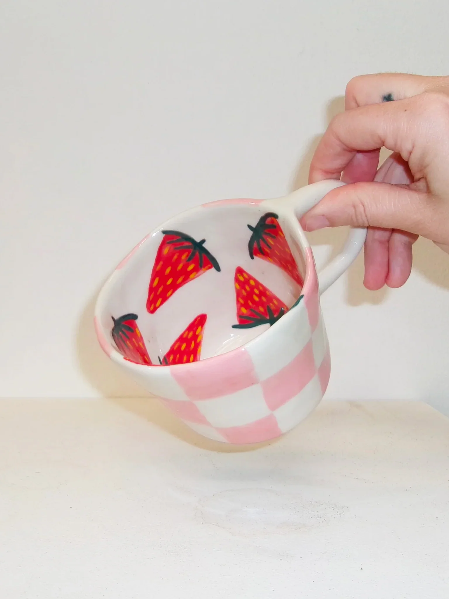 Pink Checker Mug with Strawberries x Posy Ceramics - Image 2