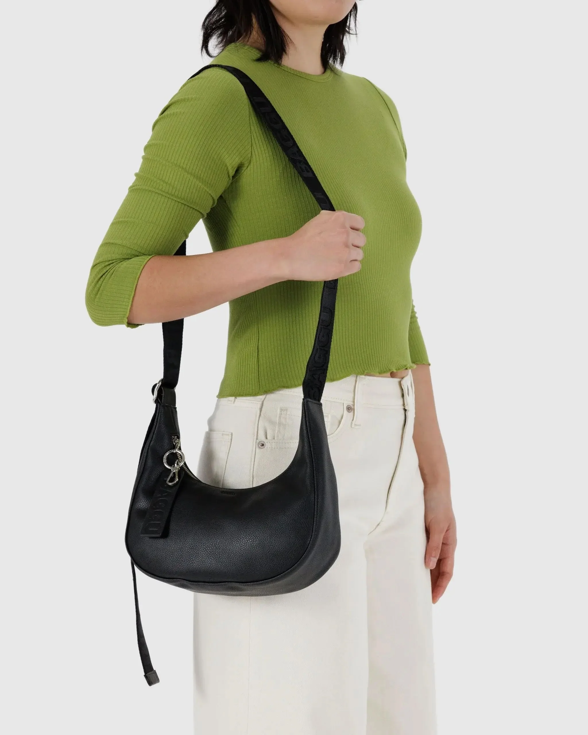 Small Recycled Leather Crescent Bag - Black - Image 3